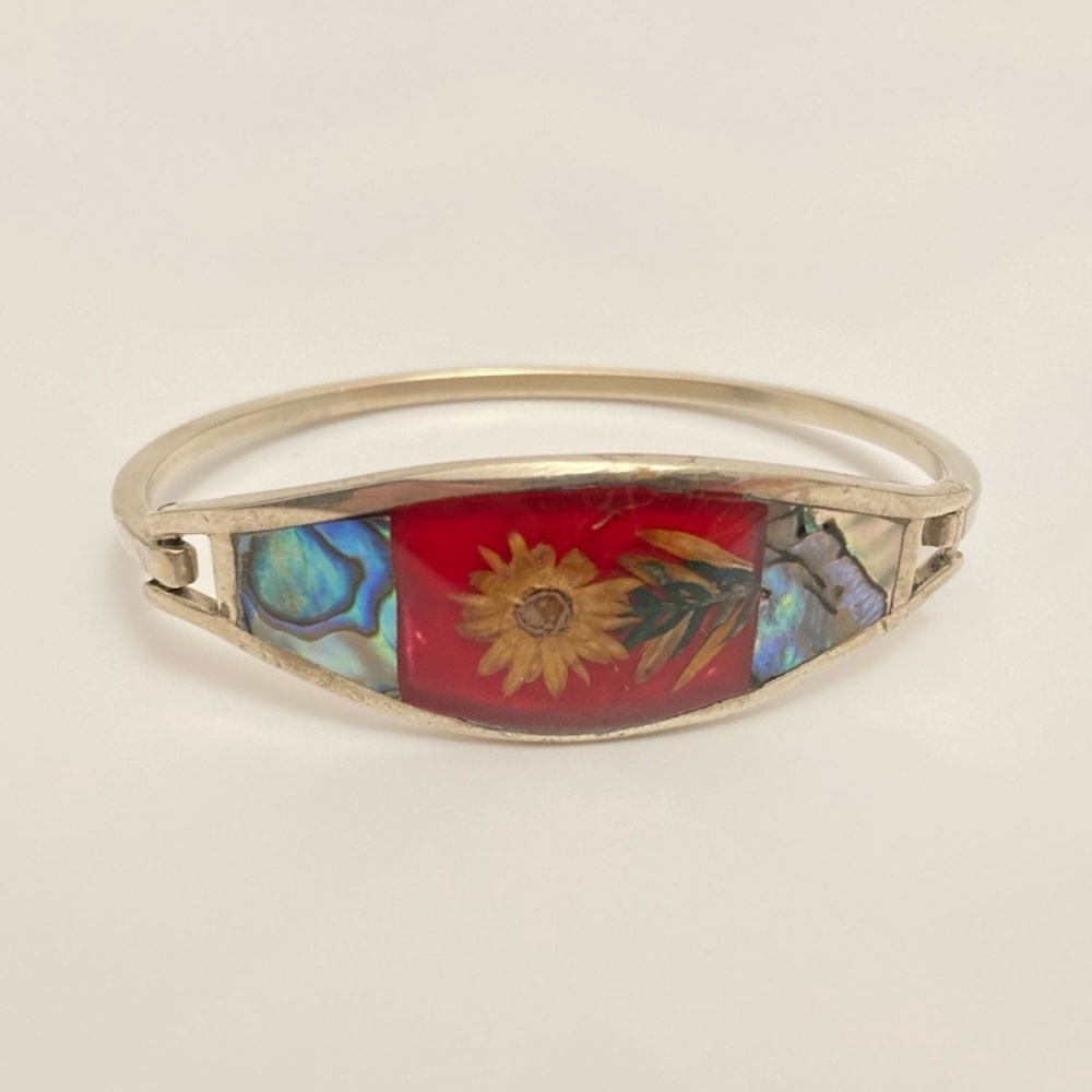 VINTAGE dried flower alpaca silver abalone hinge cuff bracelet, made in Mexico